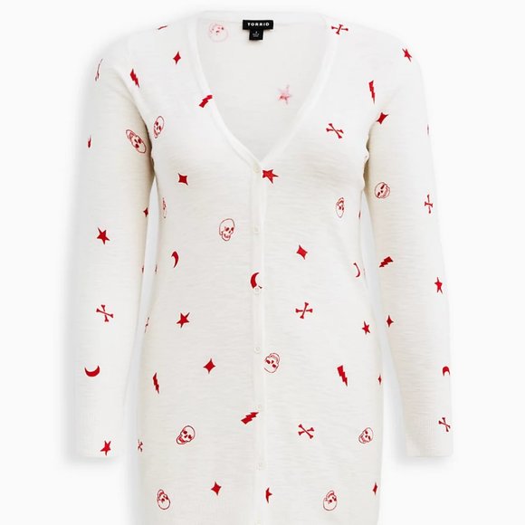 TORRID Cardigan Skulls Lightning Bolt Star Crossbones, size 2x, white and red - Picture 2 of 16